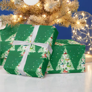 Weiße Vintage-Weihnachtsbäume ländliches Dorf Geschenkpapier