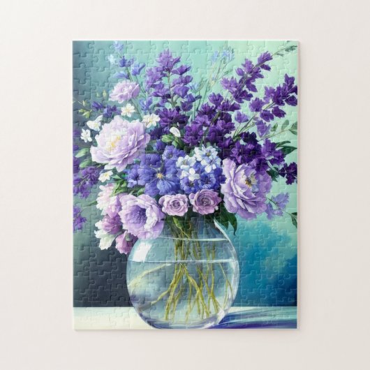 Weiße violette Blumen in einer Vase Puzzle (Vertikal)