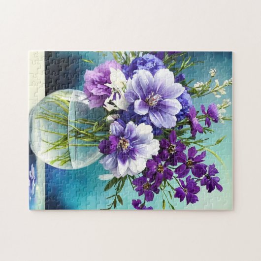 Weiße violette Blumen in einer Vase Puzzle (Horizontal)