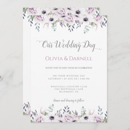 Weiße Violette Lila Lavendel Weiße Blumenzehen Einladung (Vorne/Hinten)