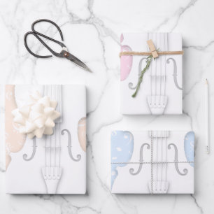Weiße Violine und Musiksymbole Pfirsichfarben Blau Geschenkpapier Set
