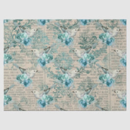 Weiße Vögel, Blaublumen und Newsprint Seidenpapier