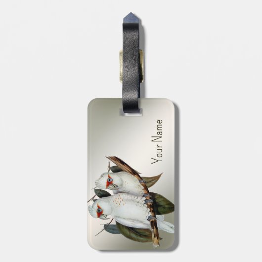 Weiße Vögel Langschnabel Kakadu Name Grüne Blätter Gepäckanhänger (Rückseite vertikal)