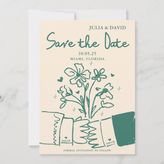Weiße, von der grünen Blüte gezeichnete Hochzeit R Save The Date (Vorderseite)