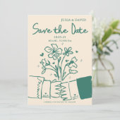 Weiße, von der grünen Blüte gezeichnete Hochzeit R Save The Date (Stehend Vorderseite)