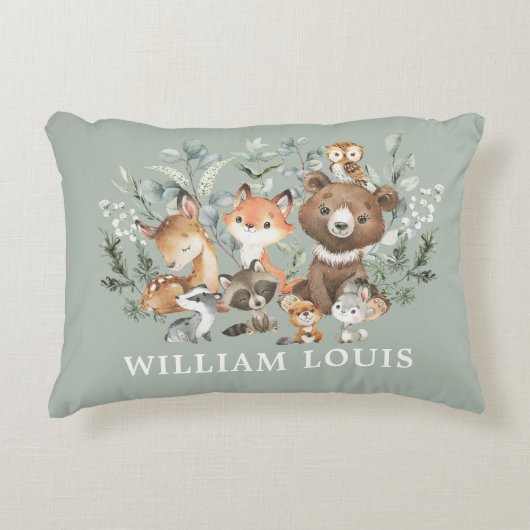 Weiße Waldtiere Weiden Grünes Kinderzimmer Dekokissen (Vorderseite)