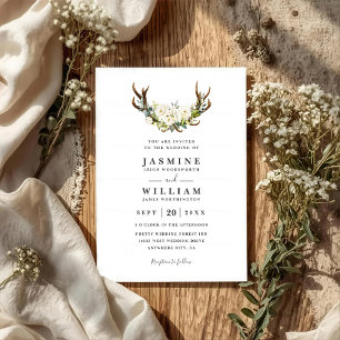 Weiße Wasserfarben-Blumen-Geweih-QR-Code-Hochzeit Einladung