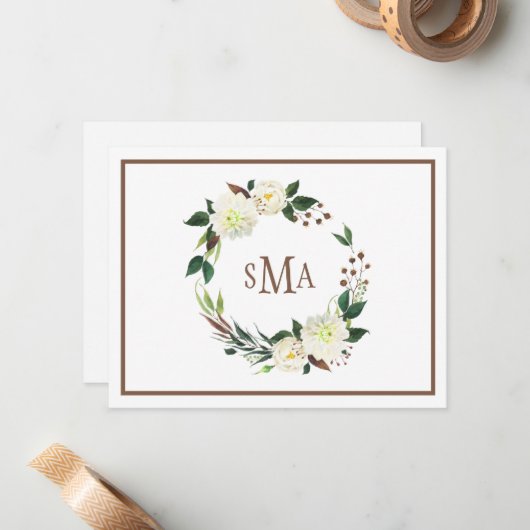 Weiße Wasserfarben Blumenreath Elegantes Monogramm Mitteilungskarte (Vorderseite/Rückseite Beispiel)
