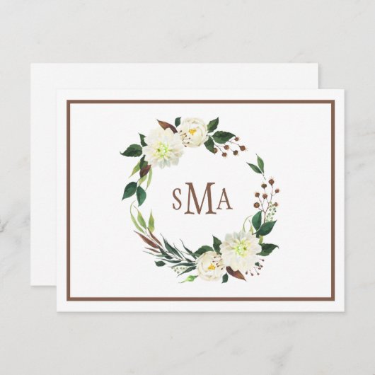Weiße Wasserfarben Blumenreath Elegantes Monogramm Mitteilungskarte (Vorne/Hinten)