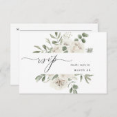 Weiße weiche Blüten und Eukalyptus w Mahlzeiten UA RSVP Karte (Vorne/Hinten)