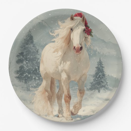 Weiße Weihnachts-Pferd-Papierplatte Pappteller (Vorderseite)