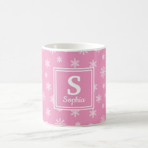 Weiße Weihnachts-Schneeflocken Rosa Monogramm Kaffeetasse
