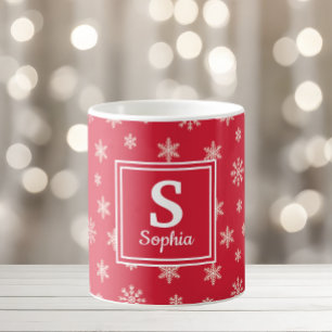 Weiße Weihnachts-Schneeflocken Rotes Monogramm Kaffeetasse