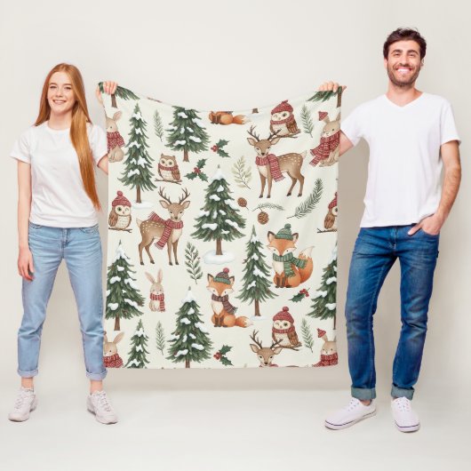 Weiße Weihnachts-Wald-Fuchs-Hasen-Muster Fleecedecke (Beispiel)