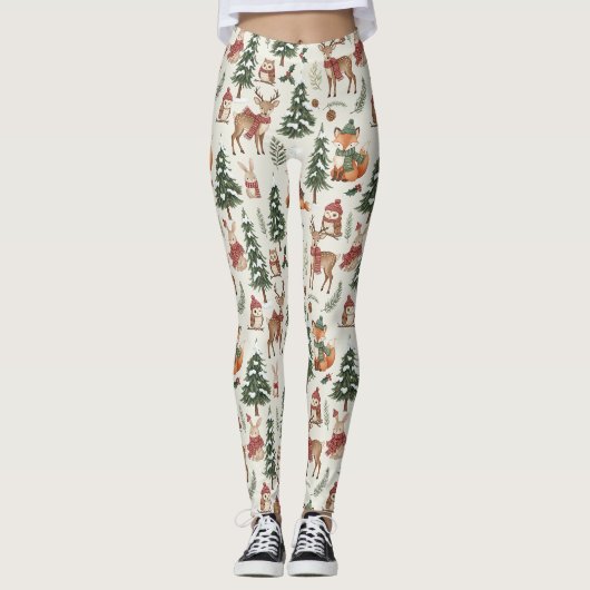 Weiße Weihnachts-Wald-Fuchs-Hasen-Muster Leggings (Vorderseite)