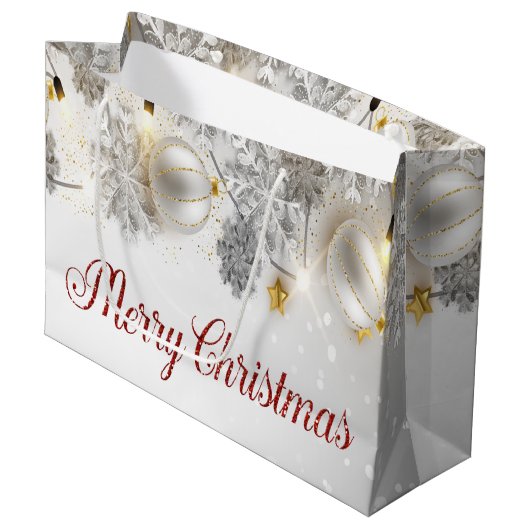 Weiße Weihnachtsbälle Schneeflocken Strandleuchten Große Geschenktüte (Vorderseite Schrägansicht)