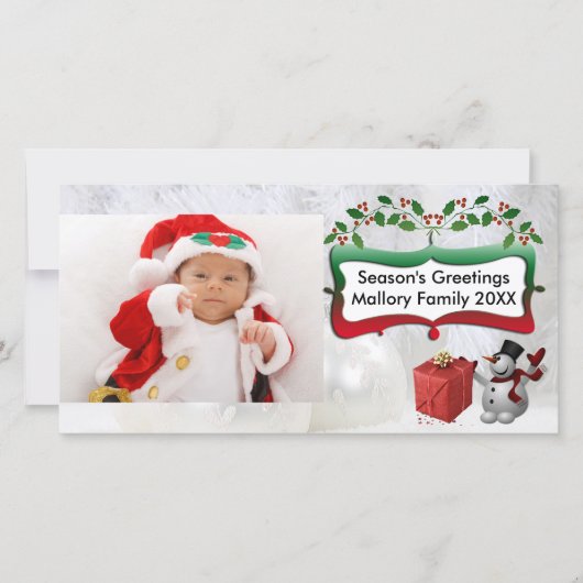 Weiße Weihnachtsbälle, Schneemann, Bäume, Holly Feiertagskarte (Vorderseite)