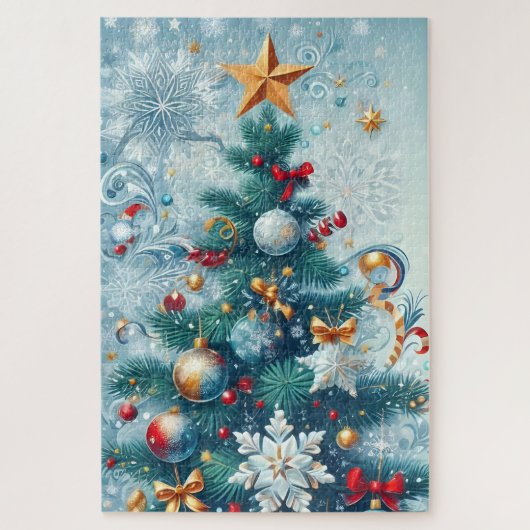 Weiße Weihnachtsbaum mit Schneeflocken Puzzle (Vertikal)