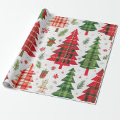 Weiße Weihnachtsbäume auf Kariertem Muster Geschenkpapier (Ungerollt)