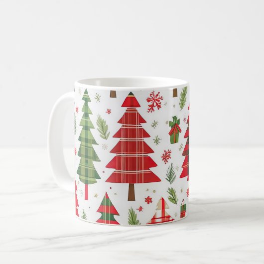 Weiße Weihnachtsbäume auf Kariertem Muster Kaffeetasse (Vorderseite Links)