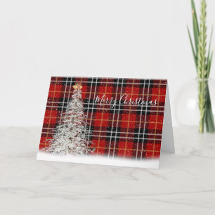 Weiße Weihnachtsbaume und Hirsche auf Tartan Karie Karte