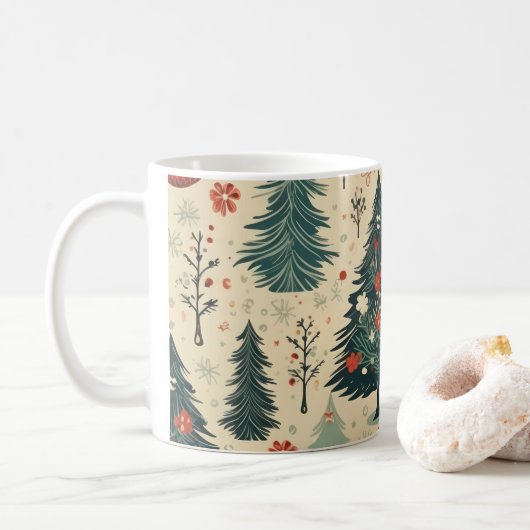 Weiße Weihnachtsbäume Wasserfarben Muster Kaffeetasse (Mit Donut)