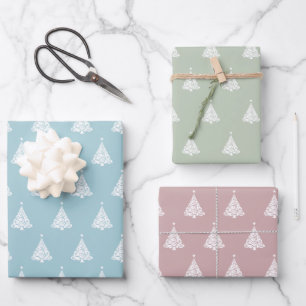 Weiße Weihnachtsbaummuster auf Pastellfarben Geschenkpapier Set