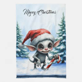 Weiße Weihnachtself mit Candy Cane. Geschirrtuch