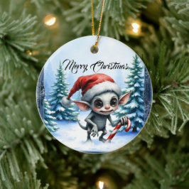 Weiße Weihnachtself mit Candy Cane. Keramik Ornament