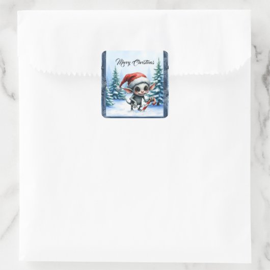 Weiße Weihnachtself mit Candy Cane. Quadratischer Aufkleber (Tasche)