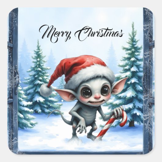 Weiße Weihnachtself mit Candy Cane. Quadratischer Aufkleber (Vorderseite)