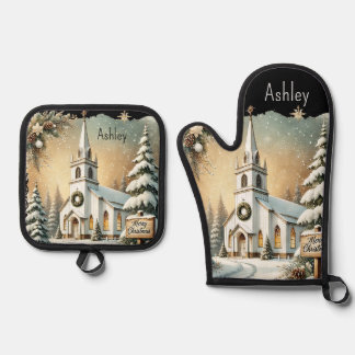 weiße Weihnachtsfeier Ofenhandschuh & Topflappen-Set