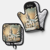 weiße Weihnachtsfeier Ofenhandschuh & Topflappen-Set (Vorderseite/Rückseite)