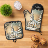 weiße Weihnachtsfeier Ofenhandschuh & Topflappen-Set (Oben Unten)