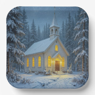 Weiße Weihnachtskapelle in Winterkiefern Pappteller