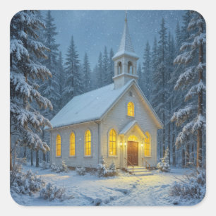 Weiße Weihnachtskapelle in Winterkiefern Quadratischer Aufkleber