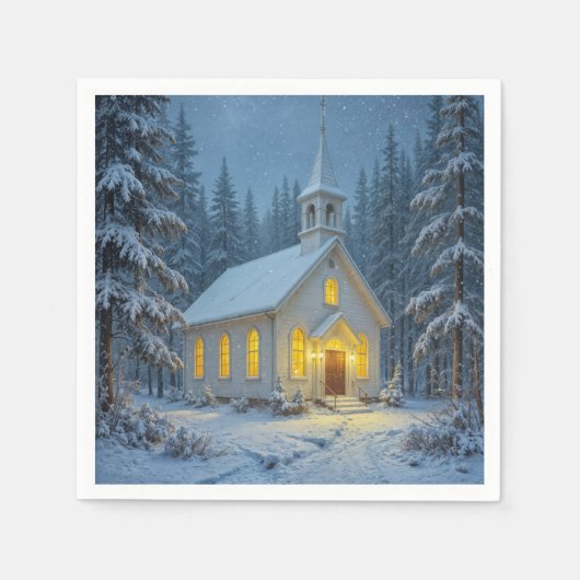 Weiße Weihnachtskapelle in Winterkiefern Serviette (Vorderseite)