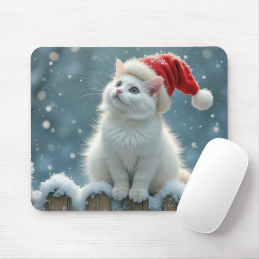Weiße Weihnachtskatze auf einem schneebedeckten Za Mousepad (Mit Mouse)