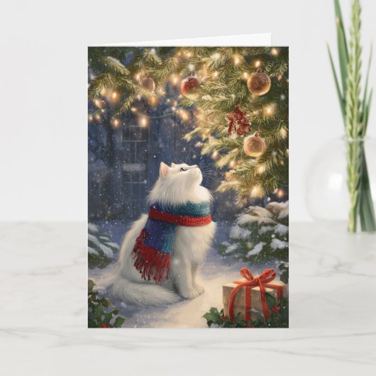 Weiße Weihnachtskatze Feiertagskarte (Vorderseite)