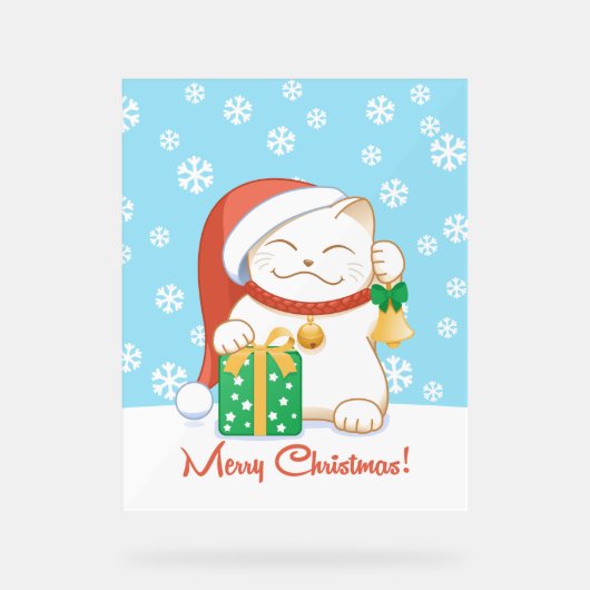 Weiße Weihnachtskatze in einem Red Hat Acrylschild (Vorderseite)