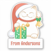 Weiße Weihnachtskatze in einem Red Hat Custom Text Aufkleber (Vorderseite)