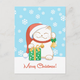 Weiße Weihnachtskatze in einem Red Hat Feiertagspostkarte