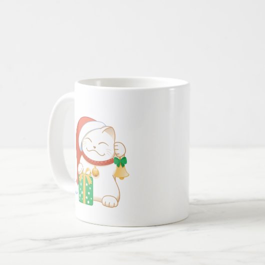 Weiße Weihnachtskatze in einem Red Hat Kaffeetasse (Vorderseite Links)