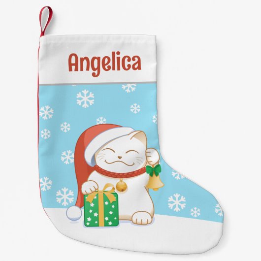 Weiße Weihnachtskatze in einem Red Hat Kleiner Weihnachtsstrumpf (Vorderseite)