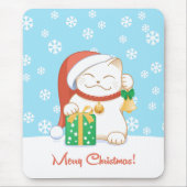Weiße Weihnachtskatze in einem Red Hat Mousepad (Vorne)