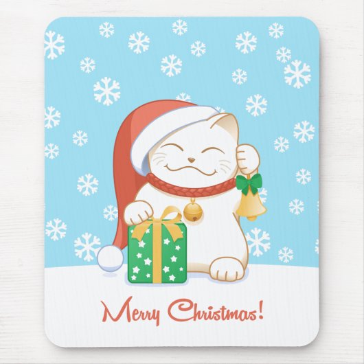 Weiße Weihnachtskatze in einem Red Hat Mousepad (Vorne)