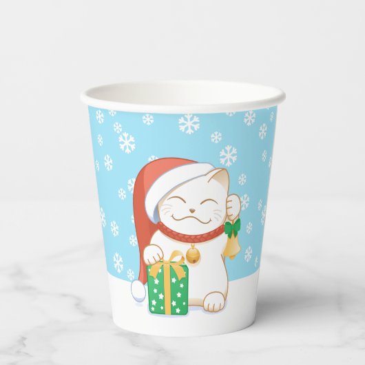 Weiße Weihnachtskatze in einem Red Hat Pappbecher (Rückseite)