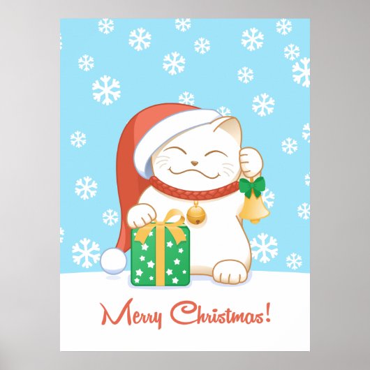 Weiße Weihnachtskatze in einem Red Hat Poster (Vorne)