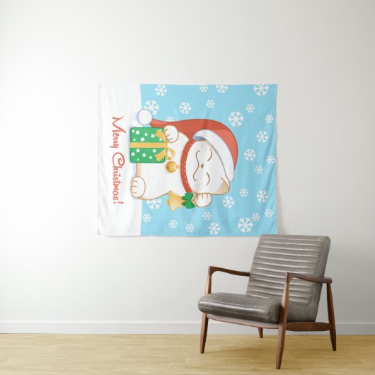 Weiße Weihnachtskatze in einem Red Hat Wandteppich (Beispiel (Horizontal))