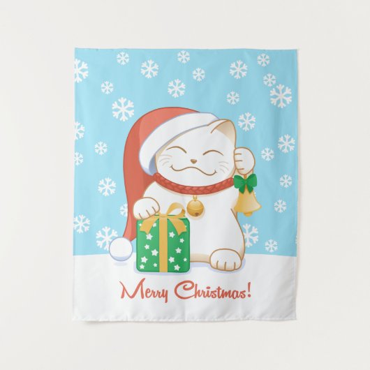 Weiße Weihnachtskatze in einem Red Hat Wandteppich (Vorderseite)